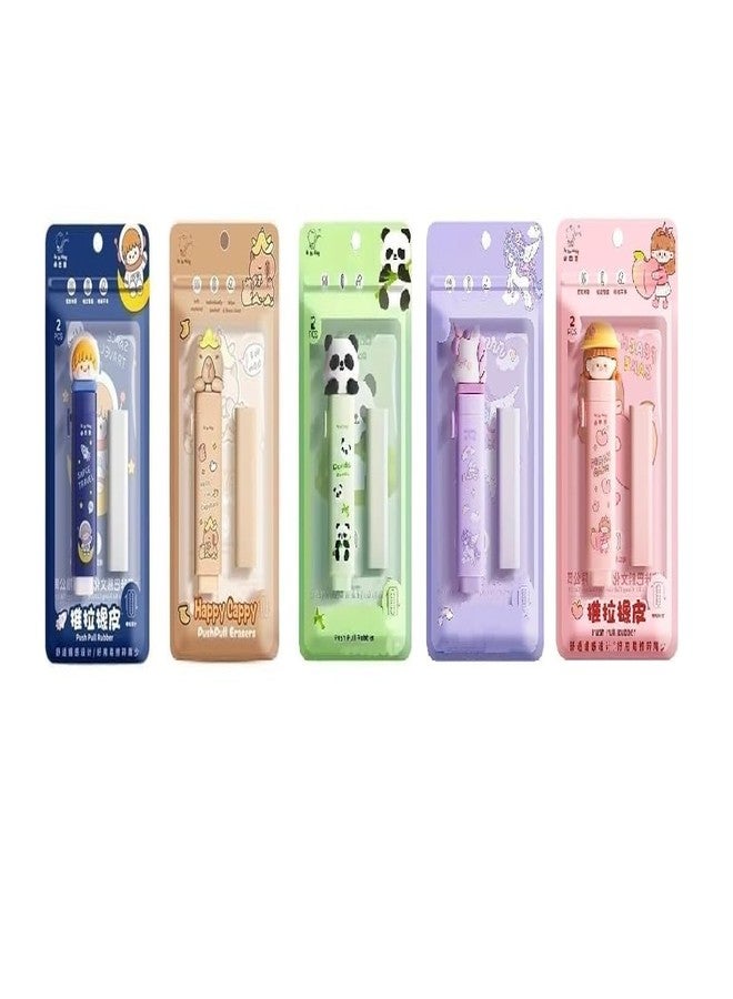 GETNAKSH Cartoon Shaped Cute Erasers Push Pull Design Retractable Erasers Pastel Aesthetic Pencil Eraser Cute Rubber for Kids Students School Office Stationery (Blue + Coffee + Green + Perple + Pink) - Image 1